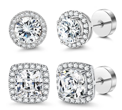 Halo Stud Earrings 4-Pack(Buy 1 get 1 free) - Gold & Silver Round/Square Styles