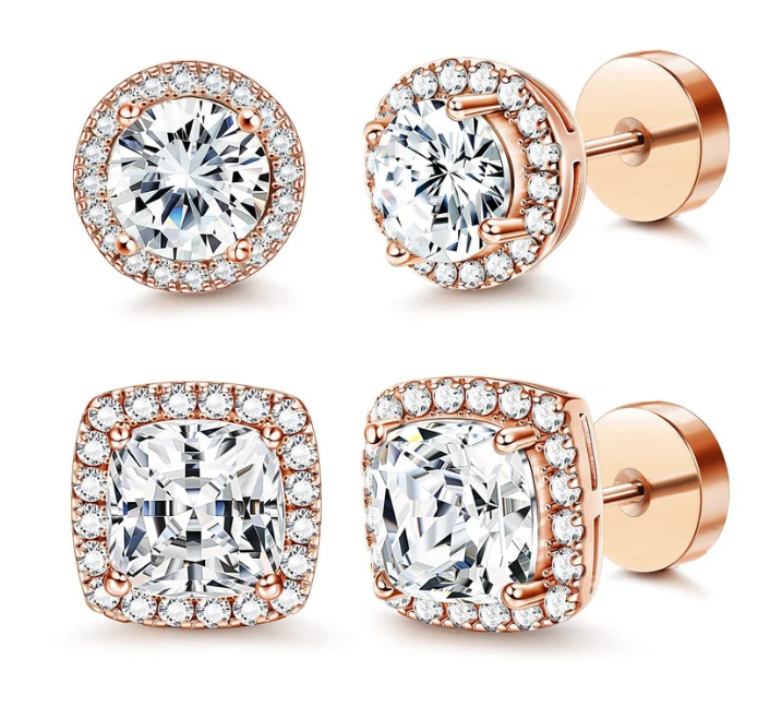 Halo Stud Earrings 4-Pack(Buy 1 get 1 free) - Gold & Silver Round/Square Styles