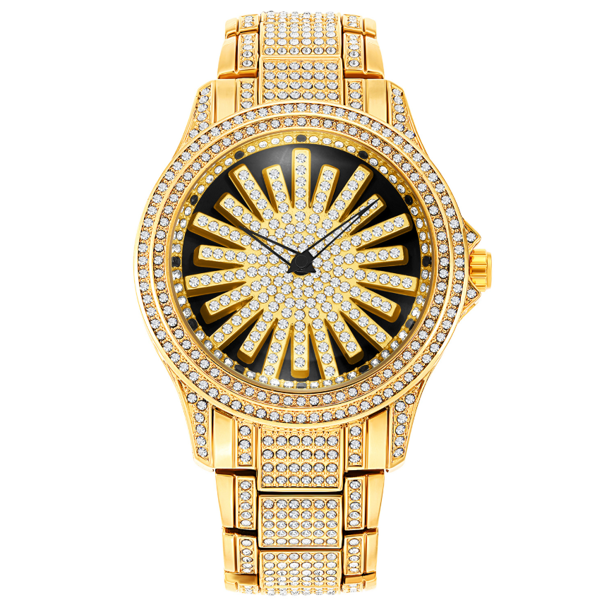 Men's Iced-Out Watch with Rotating Dial – Sparkling Crystals, Precise Quartz & Butterfly Clasp