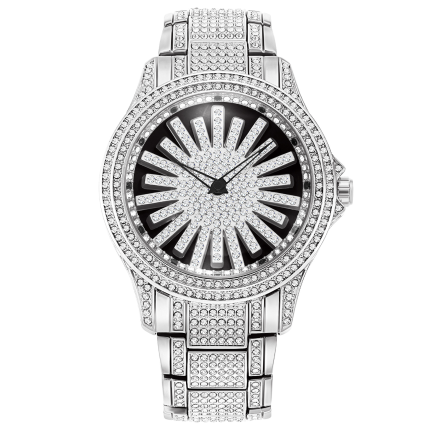 Men's Iced-Out Watch with Rotating Dial – Sparkling Crystals, Precise Quartz & Butterfly Clasp