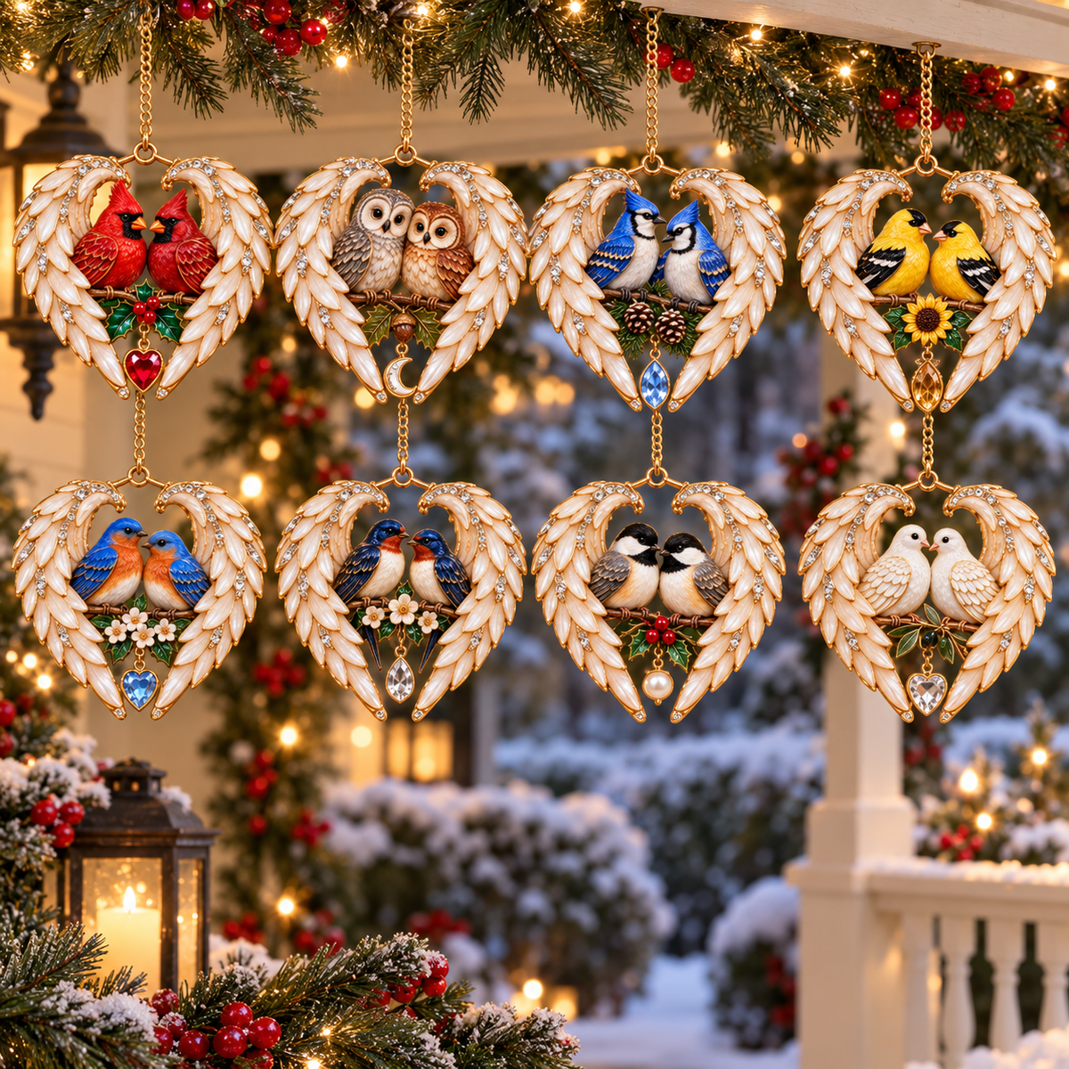 All eight angel-wing heart bird-pair ornament designs hanging together