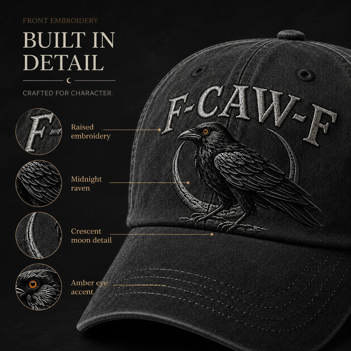🐦‍⬛F-CAW-F Midnight Edition Raven Cap – Vintage Washed Embroidered Crow Hat