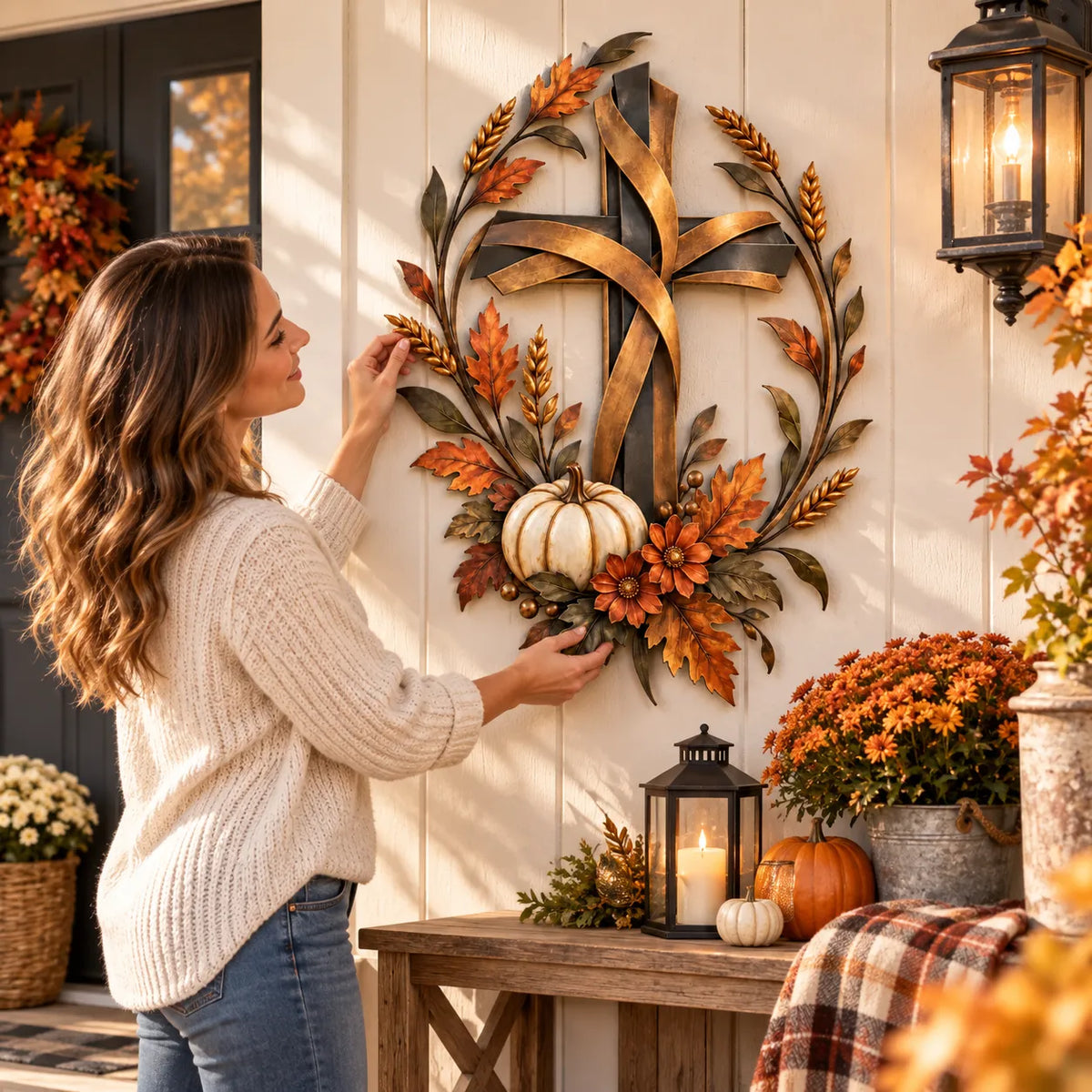 ✝️🍂Autumn Cross & Pumpkin Harvest Metal Wall Decor