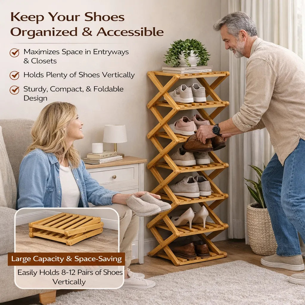 🌿 3-Tier Folding Bamboo Shoe Organizer in Natural Wood | Ready to Use, No Assembly Needed