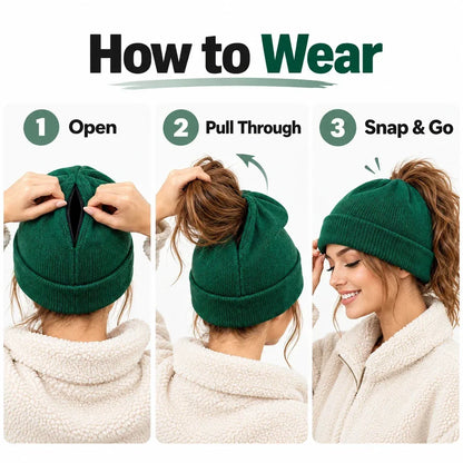 Magnetic Ponytail Beanie 🧶 – Cozy Knit Hat for Messy Buns