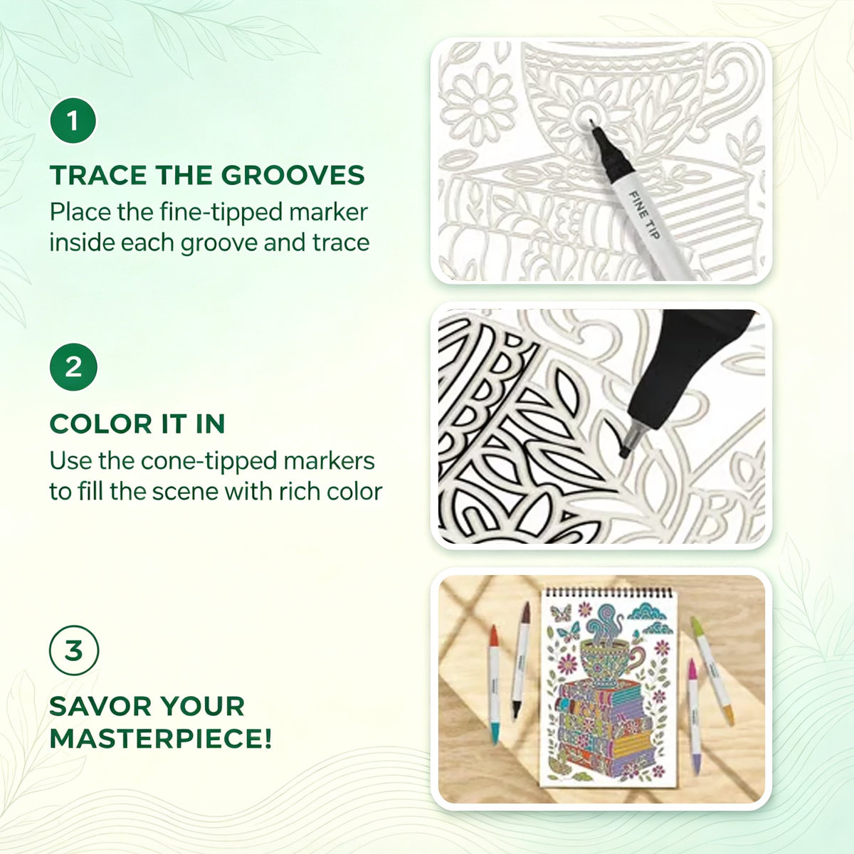 🌿  Guided Flow Art Coloring Pad with Double-Sided Markers 🎨