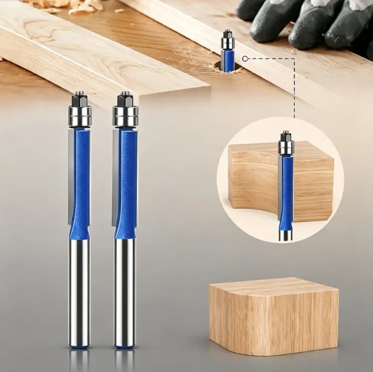 🪵 4-Piece Flush Trim Router Bits – Dual Bearings, 1/4" Shank