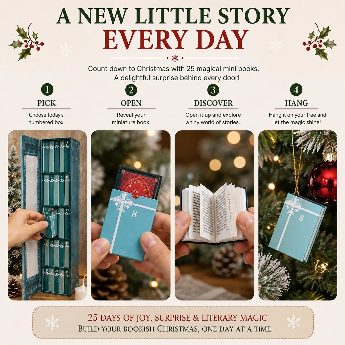 Four-step mini book advent calendar routine: pick, open, discover and hang