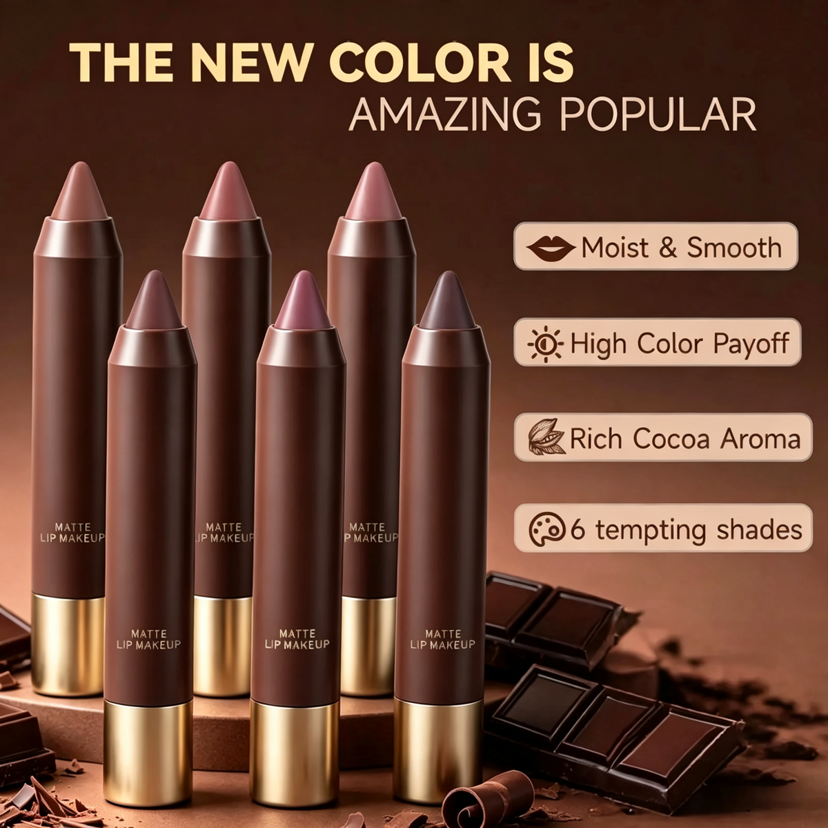 6pcs/set Long-lasting Matte Brown Lipstick