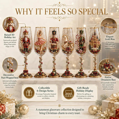 🎁🎭 Nutcracker-Inspired Christmas 3D Collector Champagne Glass Set