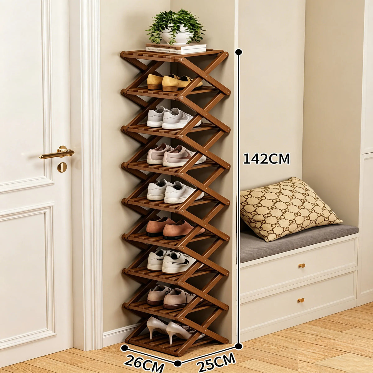 🌿 3-Tier Folding Bamboo Shoe Organizer in Natural Wood | Ready to Use, No Assembly Needed