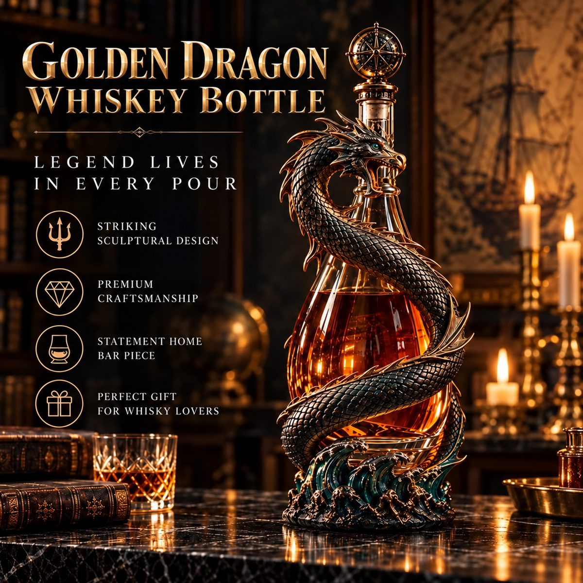 Leviathan Coil Dragon Decanter™ — Hand-Finished Whiskey Decanter with Compass Stopper