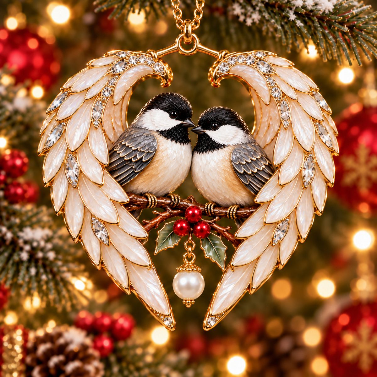 Chickadee Pair and Pearl angel wing heart Christmas ornament