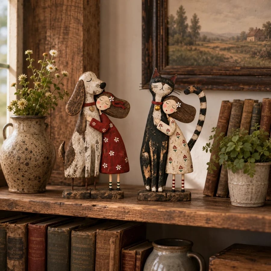 💕Girl & Her Best Friend Folk Art Figurine