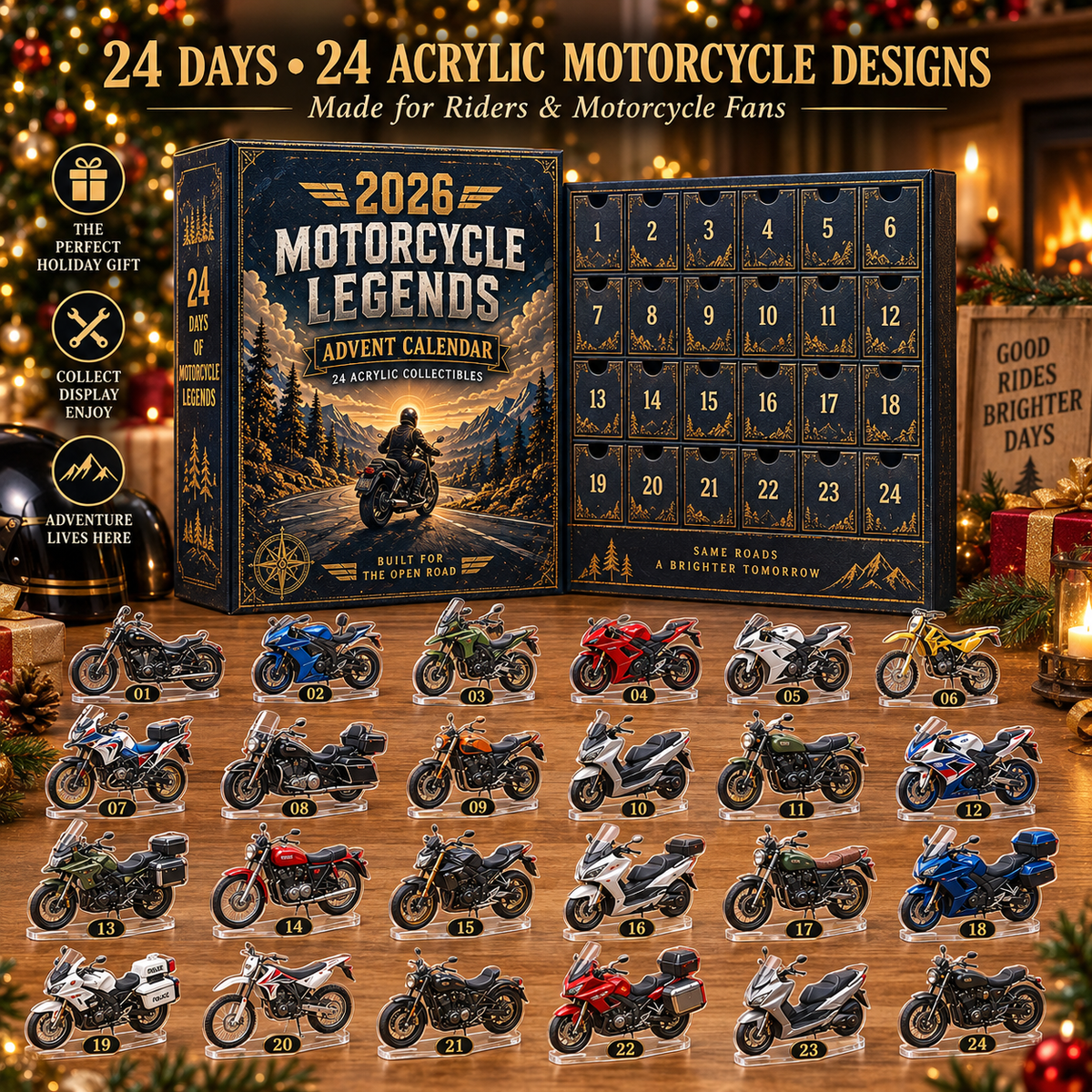 🎁 2026 Motorcycle Legends Advent Calendar – 24 Flat Acrylic Motorcycle Collectibles