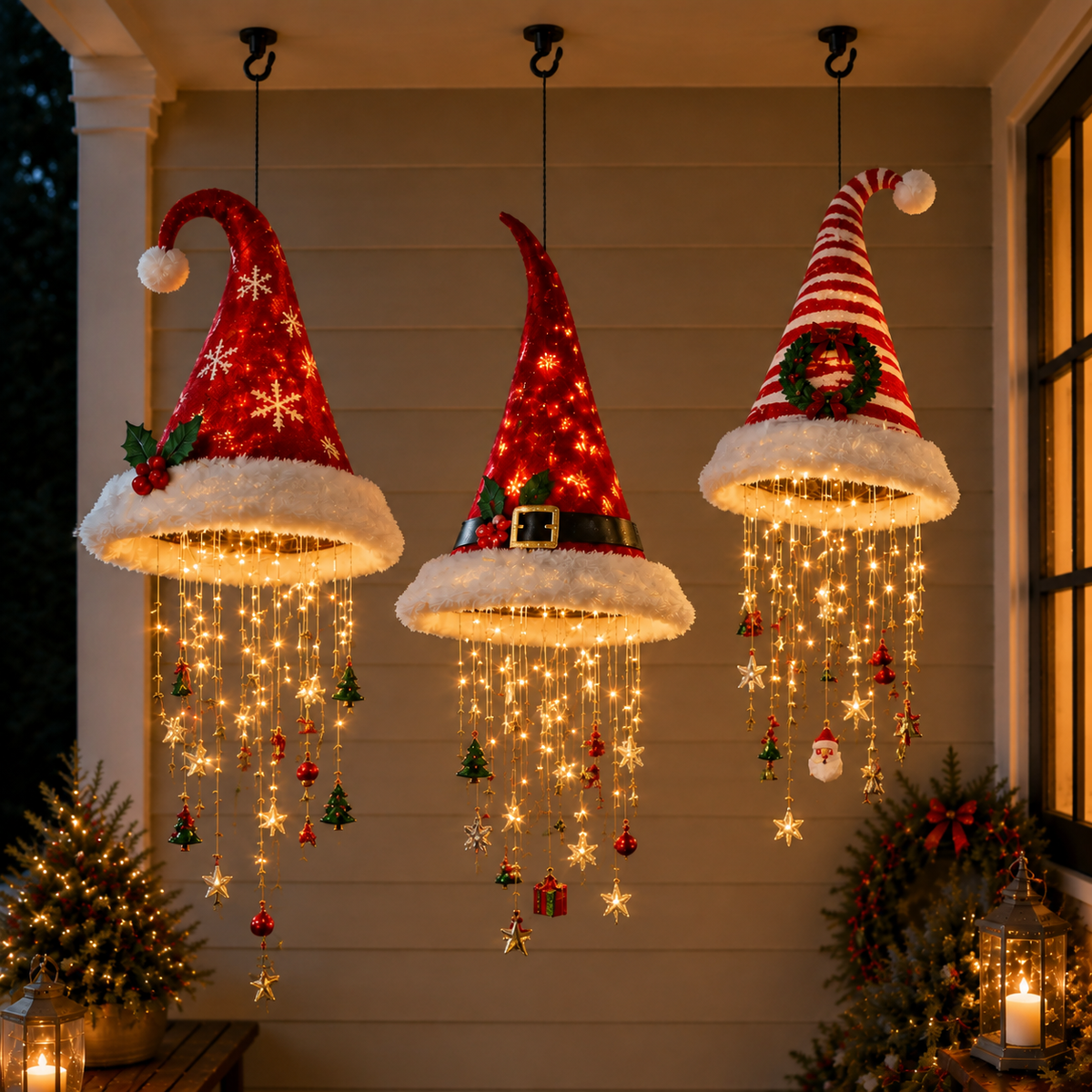Three Santa hat hanging light decorations with warm lights