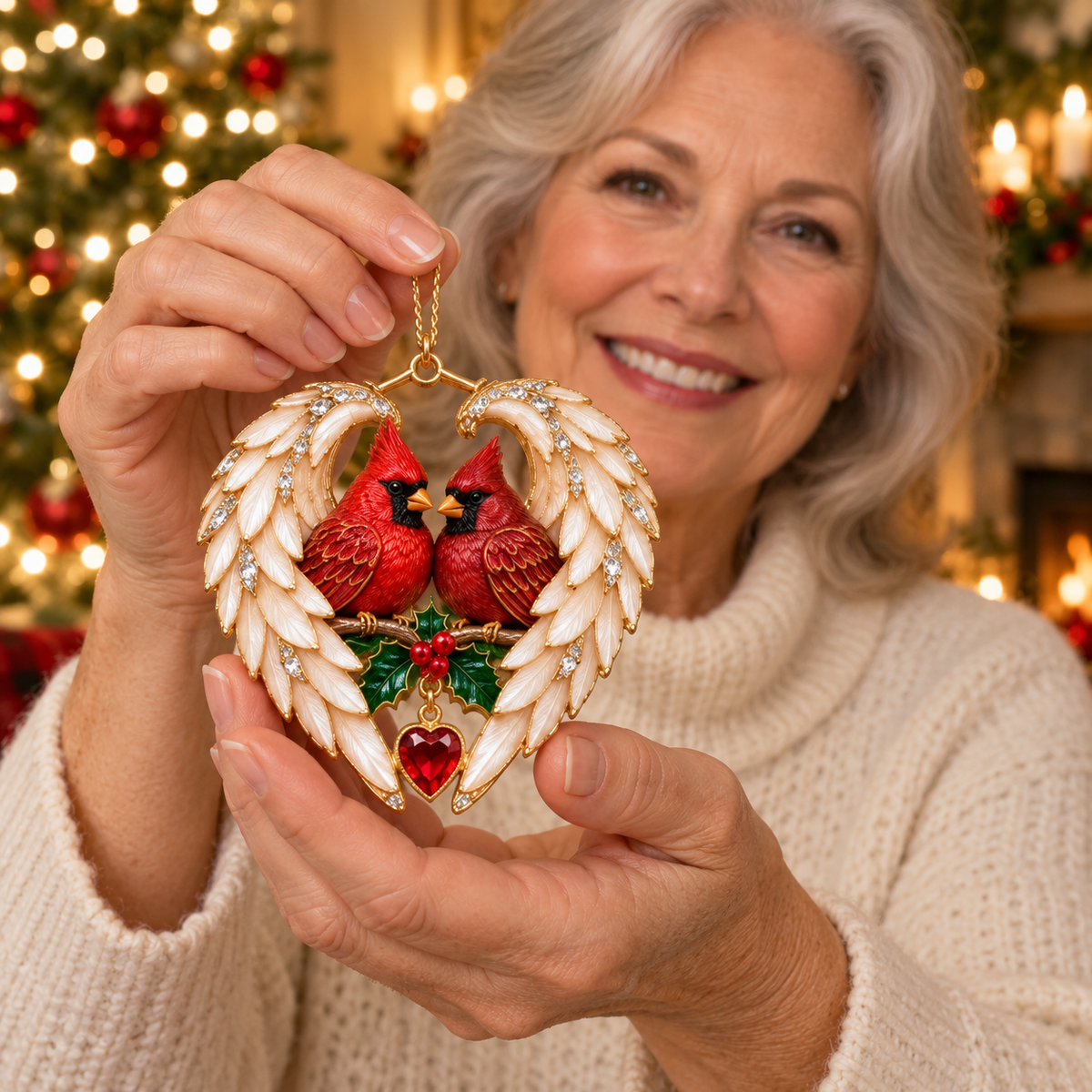 Woman holding the Cardinal Pair and Holly angel-wing heart ornament for visual scale context