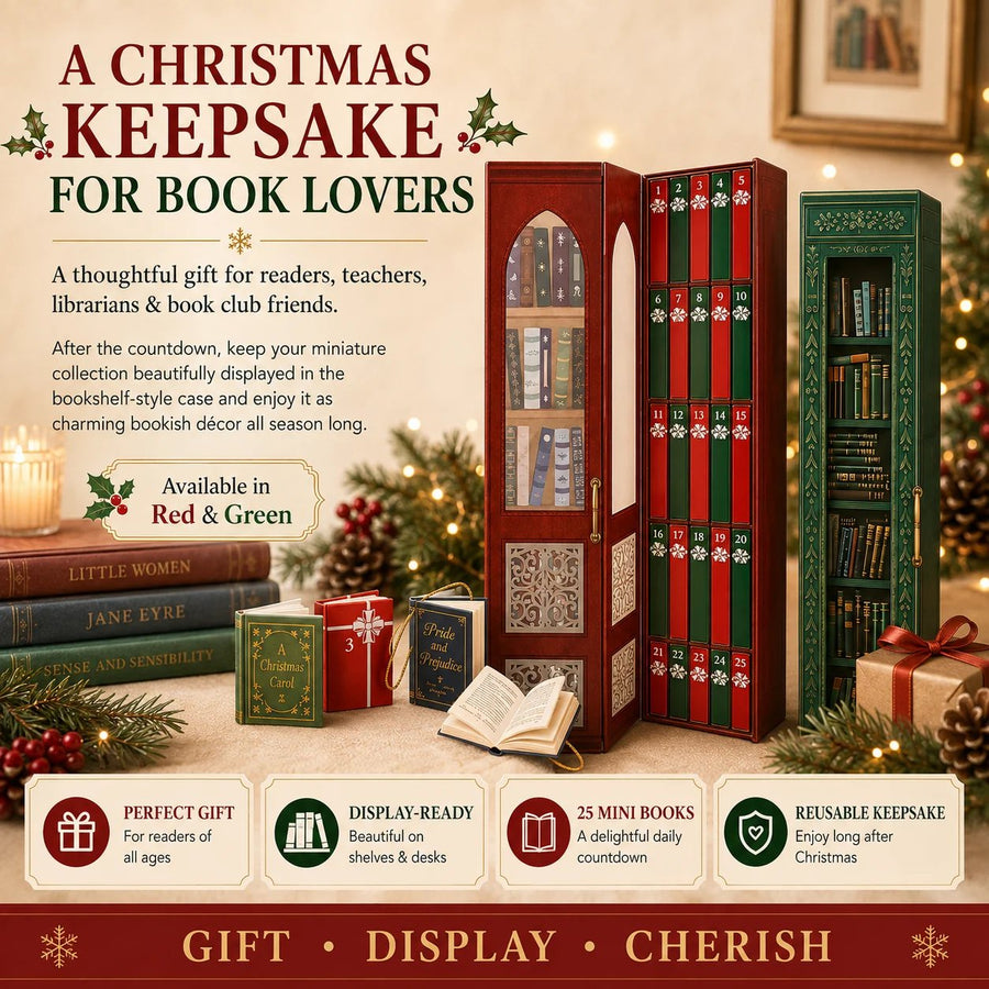 Miniature classic book ornaments hanging on a Christmas tree