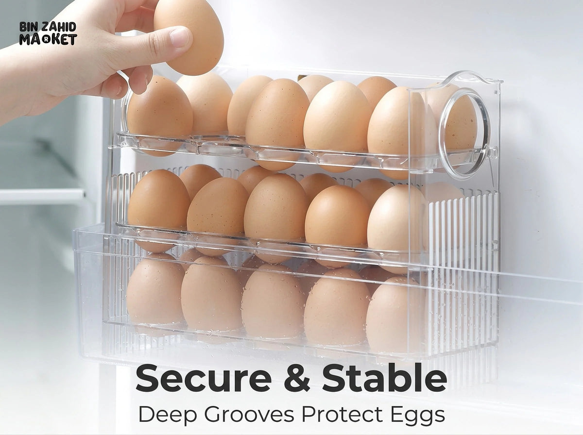 🥚 30-Egg Fridge Keeper – Clear Stackable Storage Tray with Protective Lid, Green