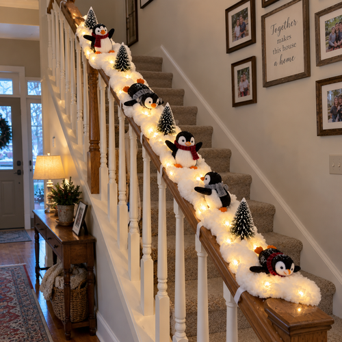 🐧 Penguin Christmas Stair Decor –❄️ Cozy Snowy Holiday Accent for Your Home
