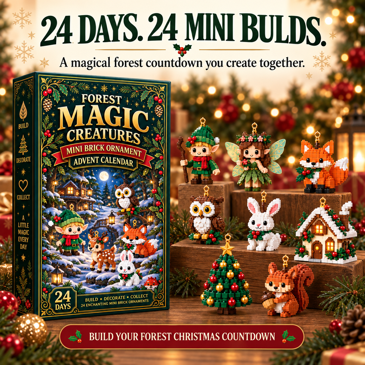 🎄 24-Day Woodland Wonders Advent Calendar ⏳ Build 24 Enchanting Fantasy Creature Ornaments for Your Christmas Tree, Mantel, Wreath and Holiday Decor 🧝‍♀️✨