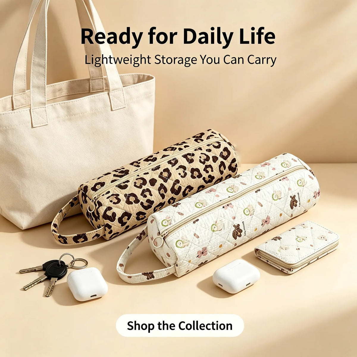 Quilted Travel Makeup Pouch 🎒 – Zippered Organizer with Carry Handle