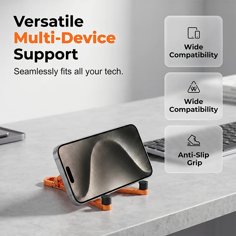 📱 Pocket-Size Aluminum Phone Stand Keychain – Foldable Desktop Holder, Orange, 1 Pack 🔑