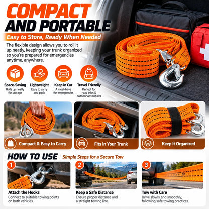 🚗 Heavy-Duty Vehicle Tow Strap – Strong Rope with Metal Hooks