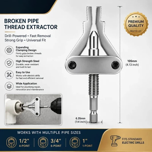 🔧Drill-Powered Broken Pipe Thread Extractor – Universal 1/2', 3/4' & 1' Broken Pipe Nipple Remover Tool