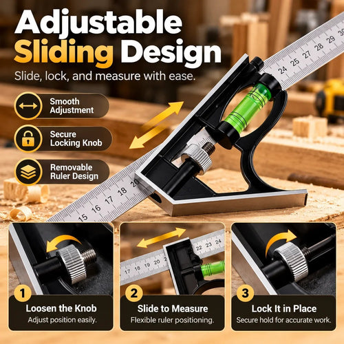 300mm Precision Combination Square 📐 – Adjustable Woodworking Tool with Level & Scriber