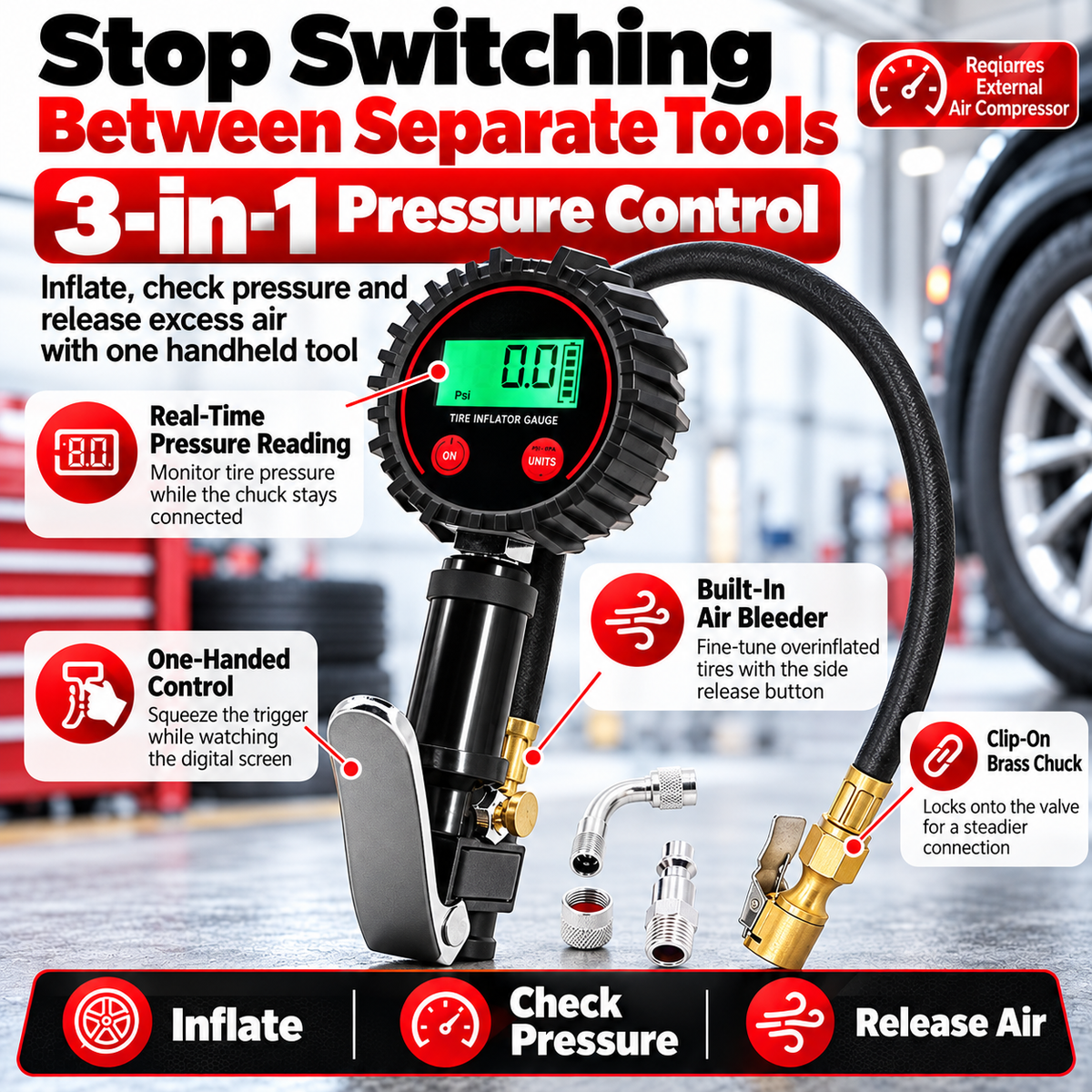 3-in-1 Digital Tire Pressure Gauge 🚗 – 200 PSI Inflator Chuck & Air Bleeder