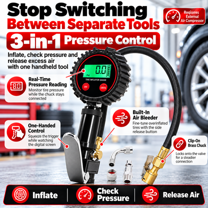 3-in-1 Digital Tire Pressure Gauge 🚗 – 200 PSI Inflator Chuck & Air Bleeder