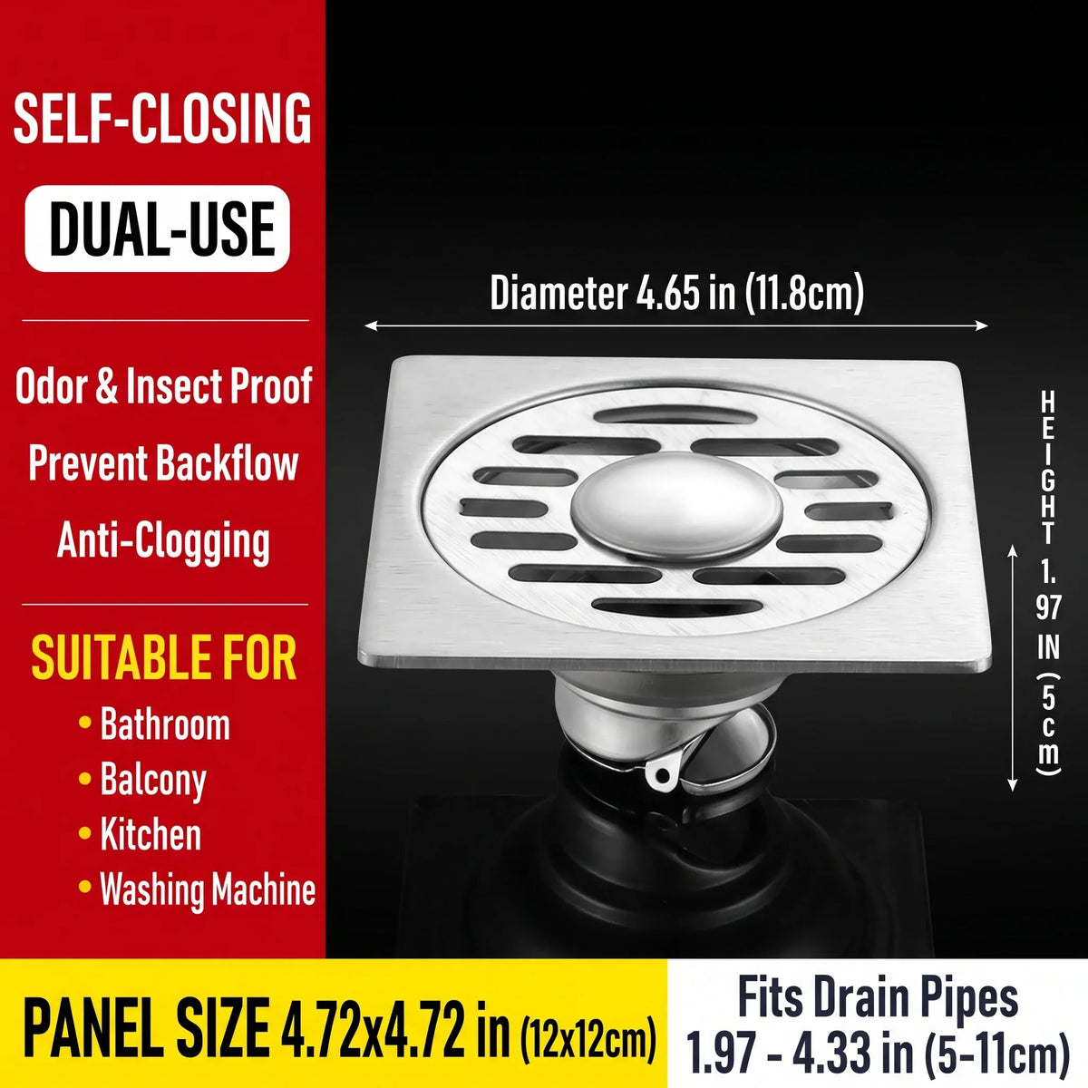 Stainless Steel Floor Drain 🚿 – 3.94" Gravity Seal with Hair Filter & Odor Control