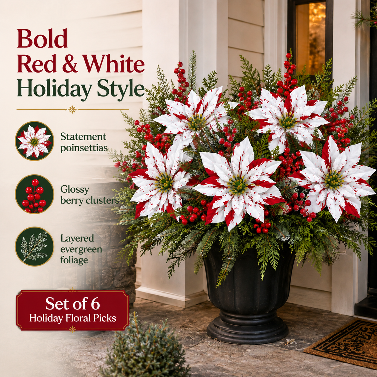 ❤️ Christmas Poinsettia Planter Inserts – Red & White Holiday Floral Picks