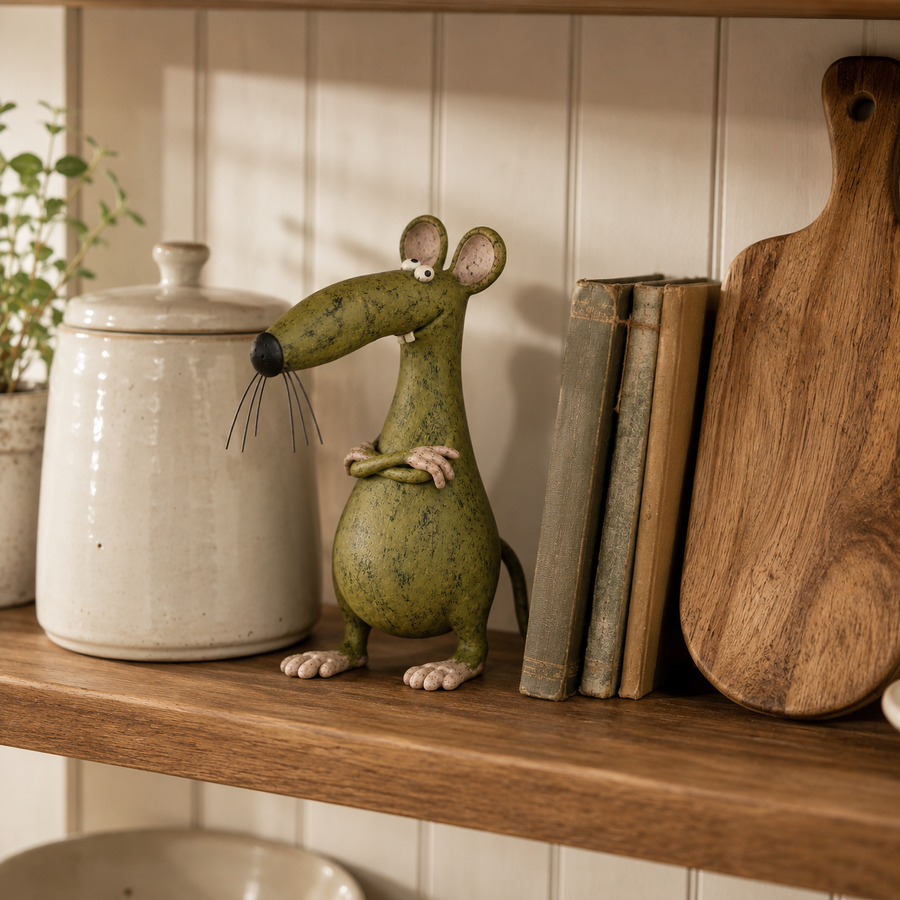 Green vintage mouse figurine displayed on a warm kitchen shelf