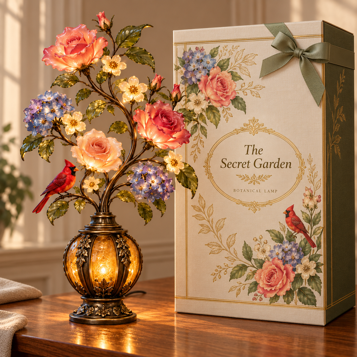 🌹✨ Eternal Bloom – Vintage Rose & Cardinal Table Lamp