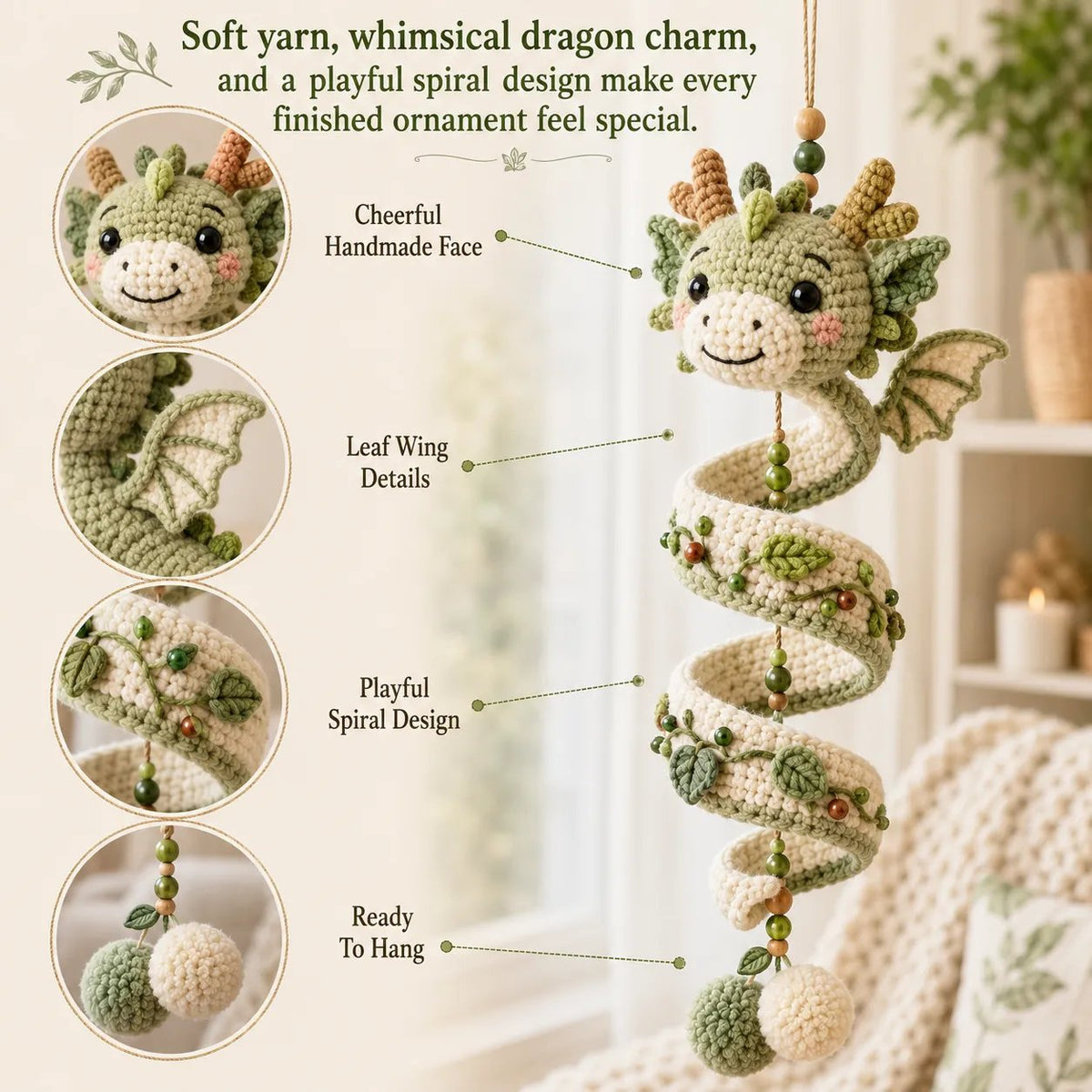Forest dragon with a leaf-inspired spiral body and hanging details.