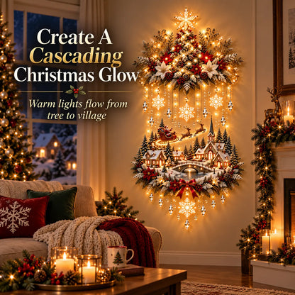 🎄 Enchanted Christmas Village Wall Decor with Cascading Warm Lights ✨ Cozy Holiday Tree Display for Living Rooms, Entryways & Staircases