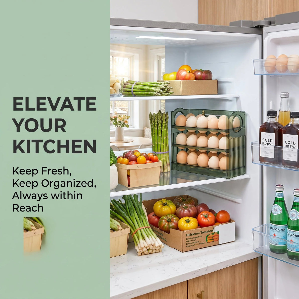 🥚 30-Egg Fridge Keeper – Clear Stackable Storage Tray with Protective Lid, Green