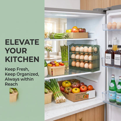 🥚 30-Egg Fridge Keeper – Clear Stackable Storage Tray with Protective Lid, Green