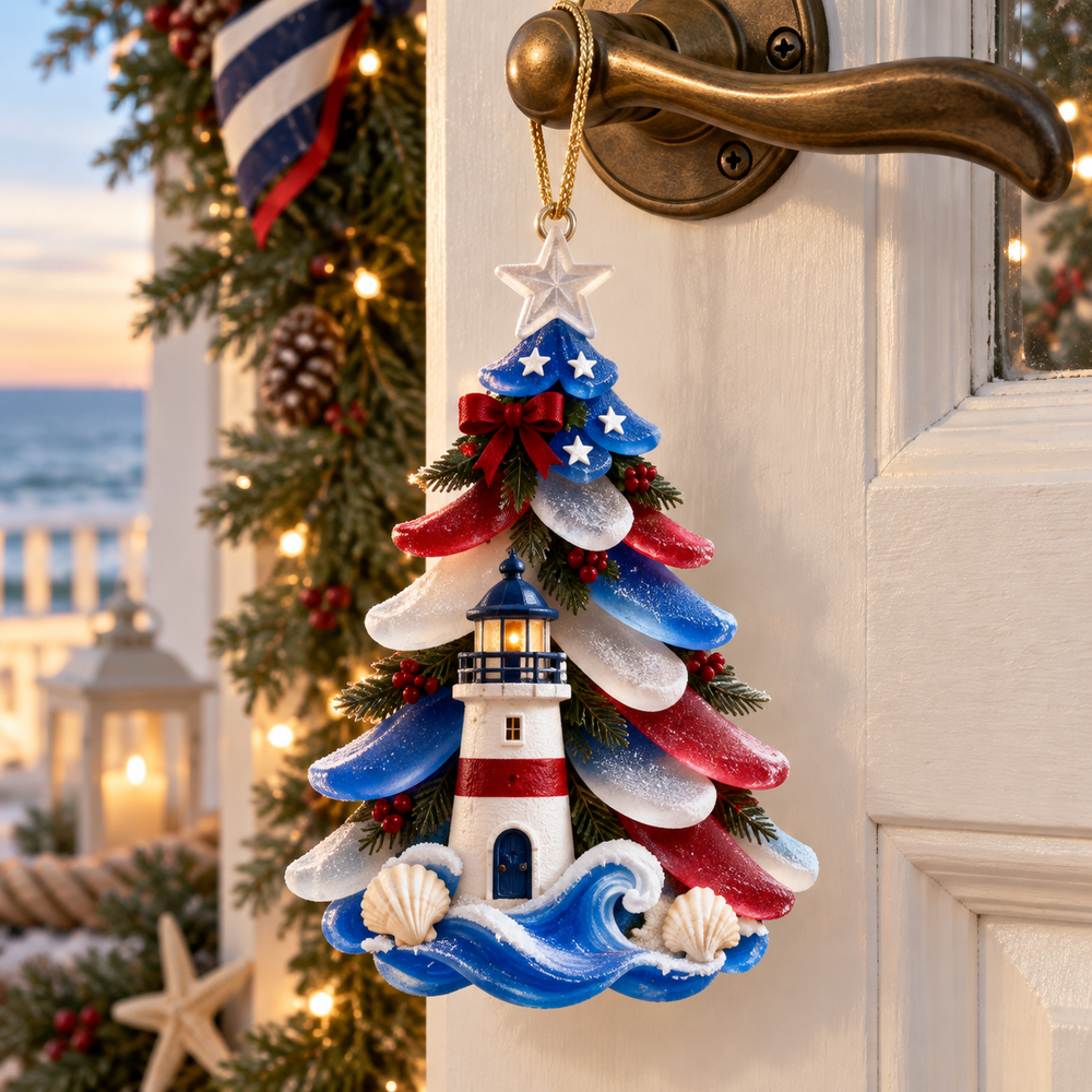 Lighthouse patriotic coastal Christmas ornament hanging near a decorated doorway