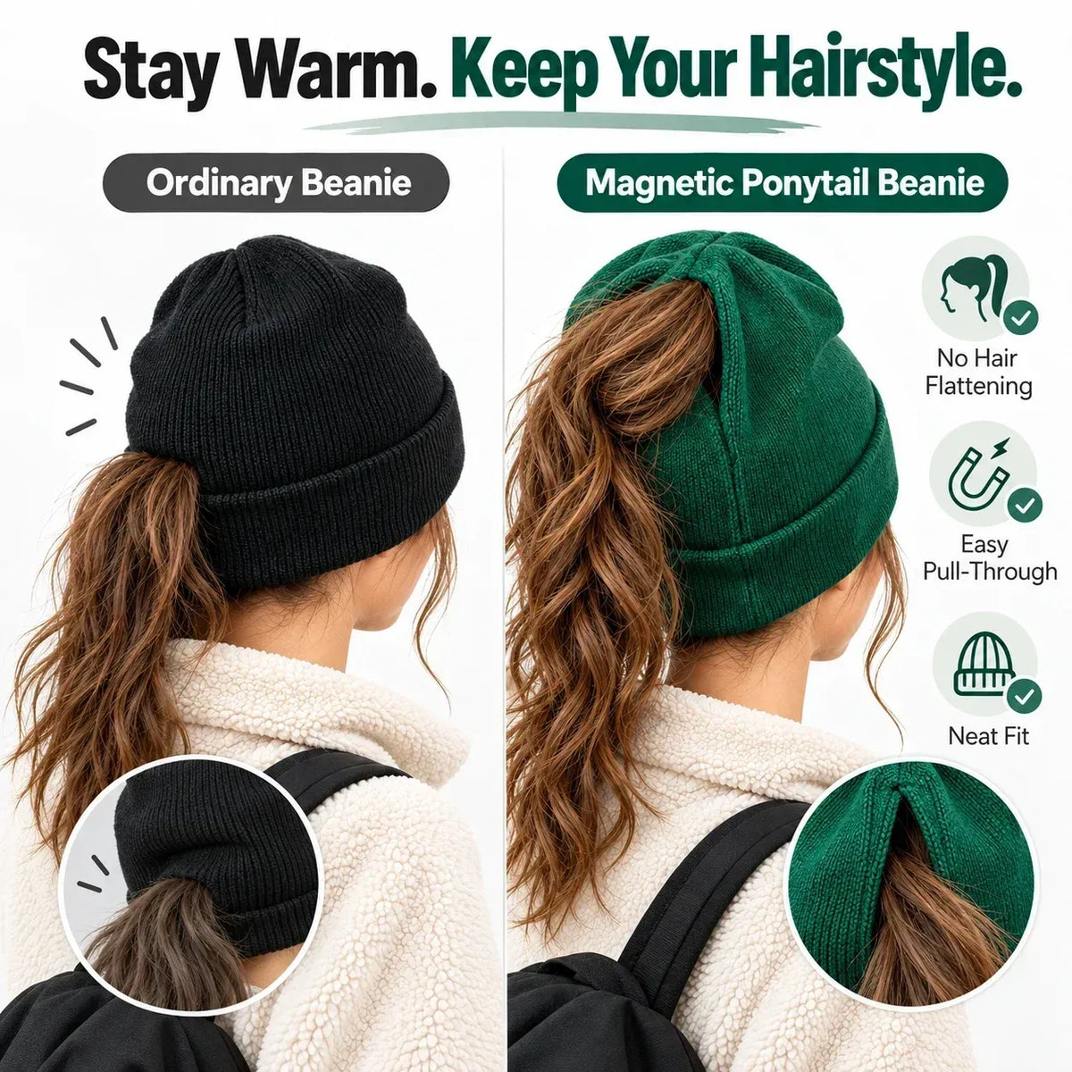 Magnetic Ponytail Beanie 🧶 – Cozy Knit Hat for Messy Buns