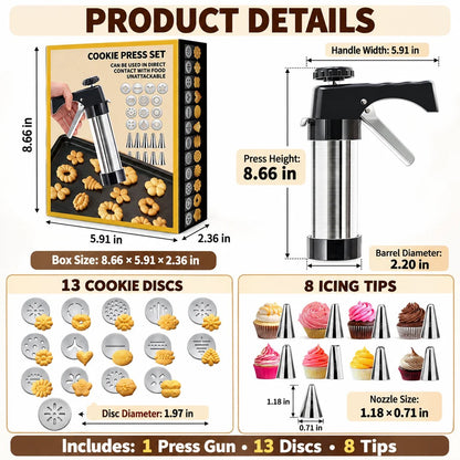🍪 Stainless Steel Cookie Press – 13 Discs & 8 Decorating Tips