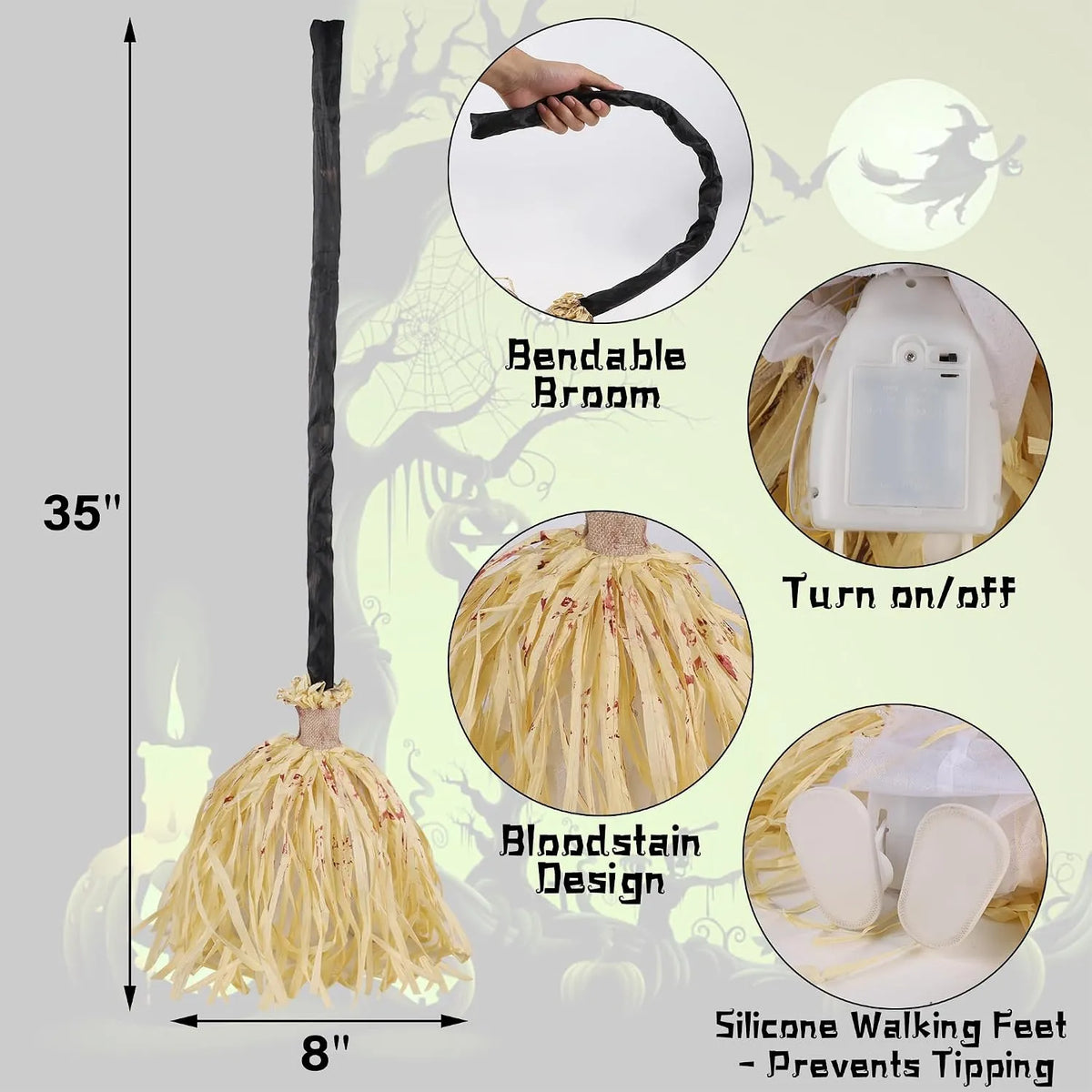 Animated Moving Witch Broom, Light‑Sound‑Motion Halloween Prop to Boost Thrill for Your Indoor & Outdoor Party Decor