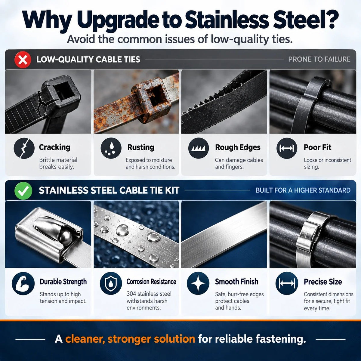🛠️ 100-Pack 304 Stainless Steel Cable Ties – Tensioning Tool Included
