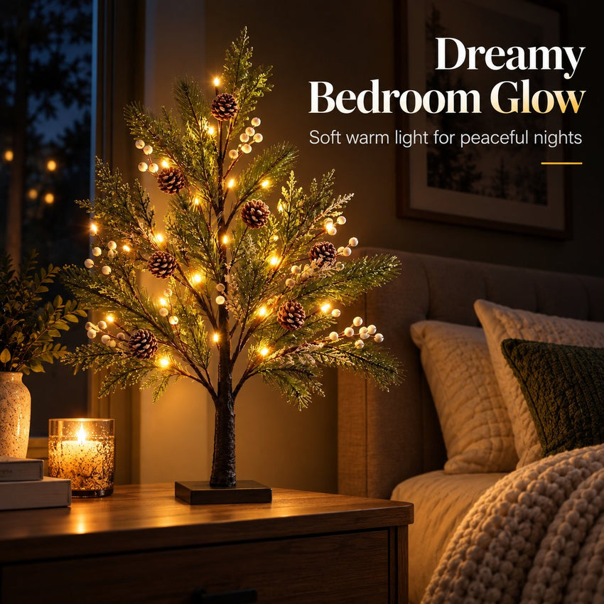 Artificial illuminated pine tree lamp on a bedroom nightstand