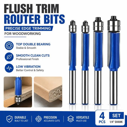 🪵 4-Piece Flush Trim Router Bits – Dual Bearings, 1/4" Shank