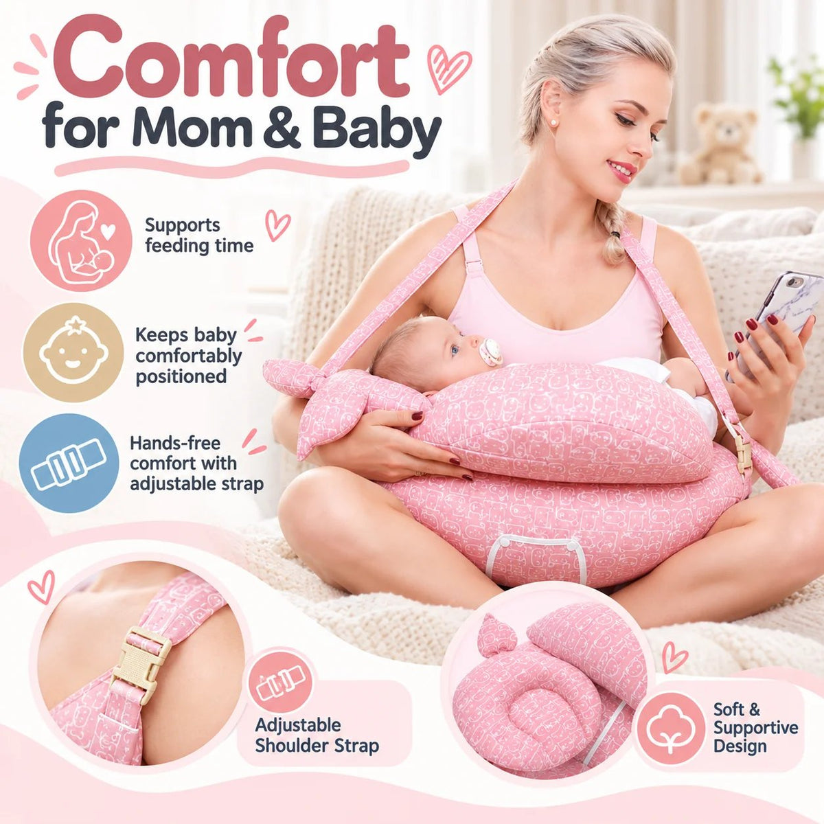Adjustable Nursing Support Pillow 🍼 – Feeding Cushion with Strap