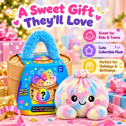 🌈🥟 Rainbow Dumpling Plush Set – 8 Colorful Squishies in a Cute Steamer Basket