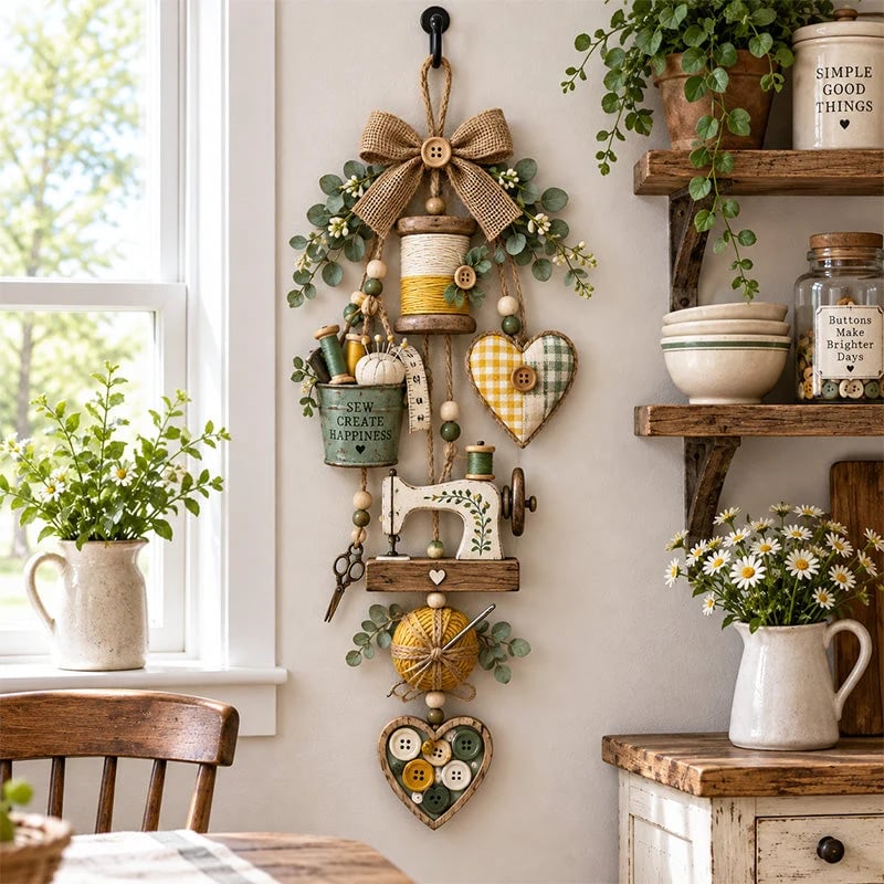✨🧵 Rustic Wooden Sewing - Themed Hanging Ornament with Remote Control Fairy Lights
